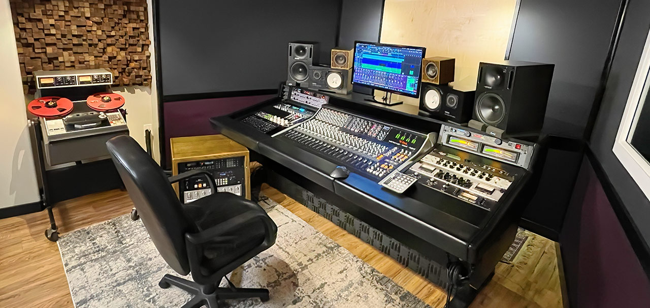 Our control room, featuring our SSL XL-Desk analog mixing console and custom diffuser. See our Equipment list below.