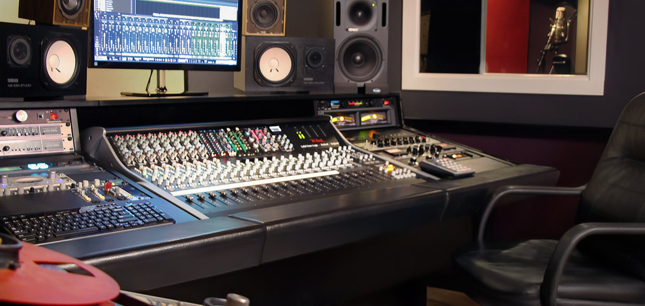 The Mix11 Studios control room, centred on an SSL analog mixing console