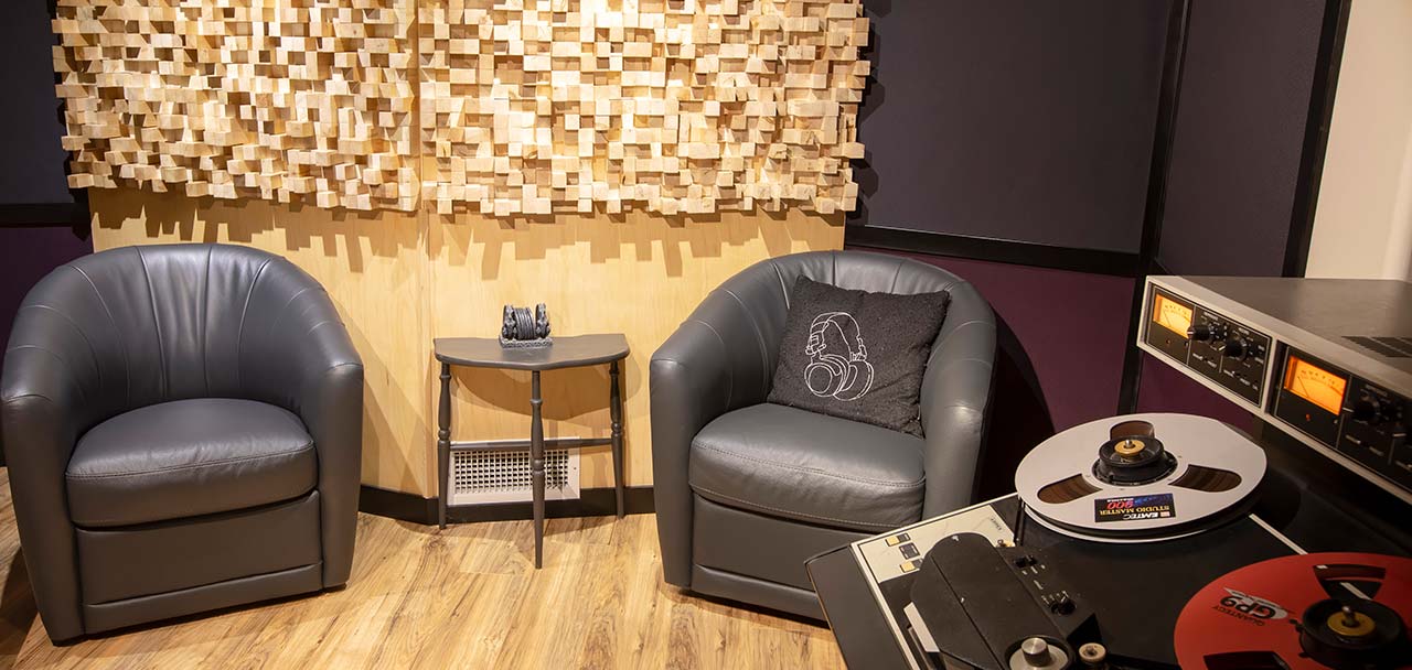 The back of our control room, featuring two of our custom diffusers.
